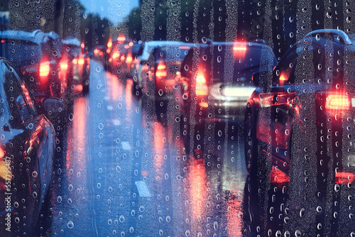 Fototapeta Naklejka Na Ścianę i Meble -  water drops window rain car traffic night, November weather