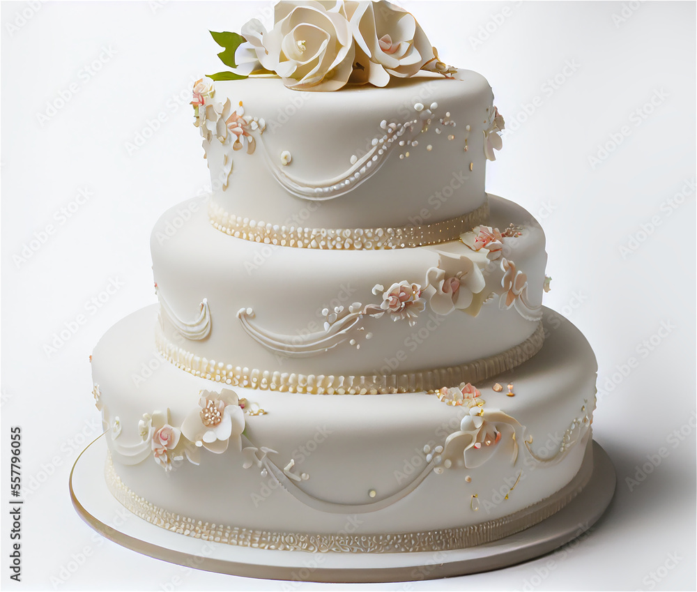 Three tier wedding cake with pastel colored icing on a white background Three tier wedding cake with pastel colored icing on a white background