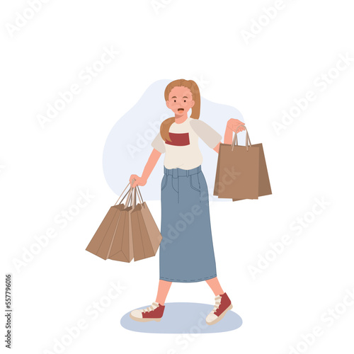 Shopping concept. woman showing her shopping bags. Flat cartoon vector illustration