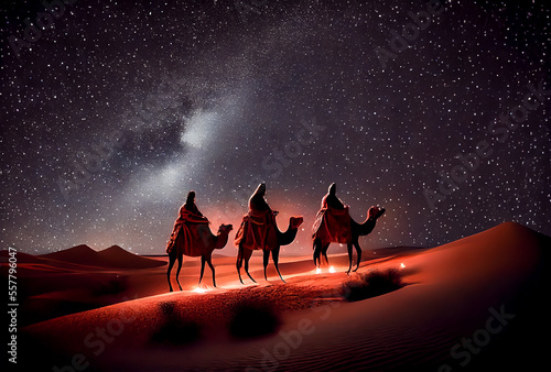 Foto The three wise men silhouettes riding camels following the star