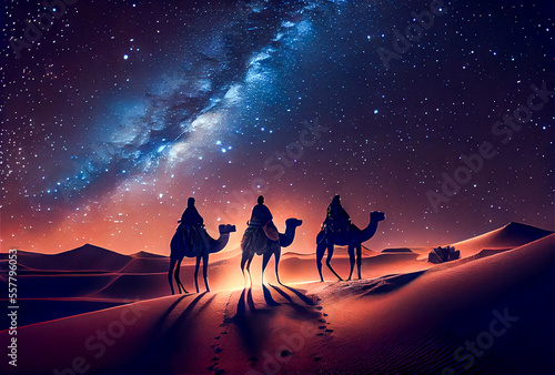 The three wise men silhouettes riding camels following the star