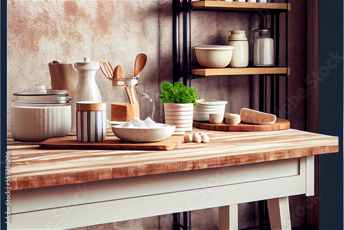 wooden table top in a kitchen with culinary tools and ingredients for food preparation backgrounds