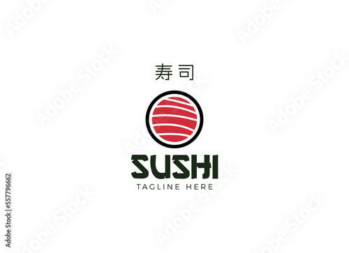 Sushi logo template. Japanese traditional cuisine, tasty food icon. japanese text translation "sushi". asian sushi bar vector logo.