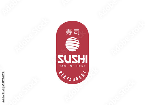 Sushi logo template. Japanese traditional cuisine, tasty food icon. japanese text translation "sushi". asian sushi bar vector logo.