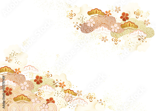 春の花々と金箔の和風背景