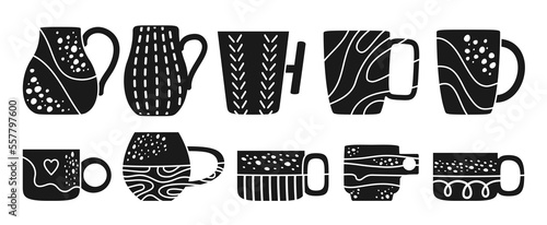 Cup mug engraving print set. Trendy different pattern and shapes stamp. Crafted ceramic tableware, tea coffee beverages teacup press scrapbook. Porcelain cups mugs stain, textured, stripes ornament