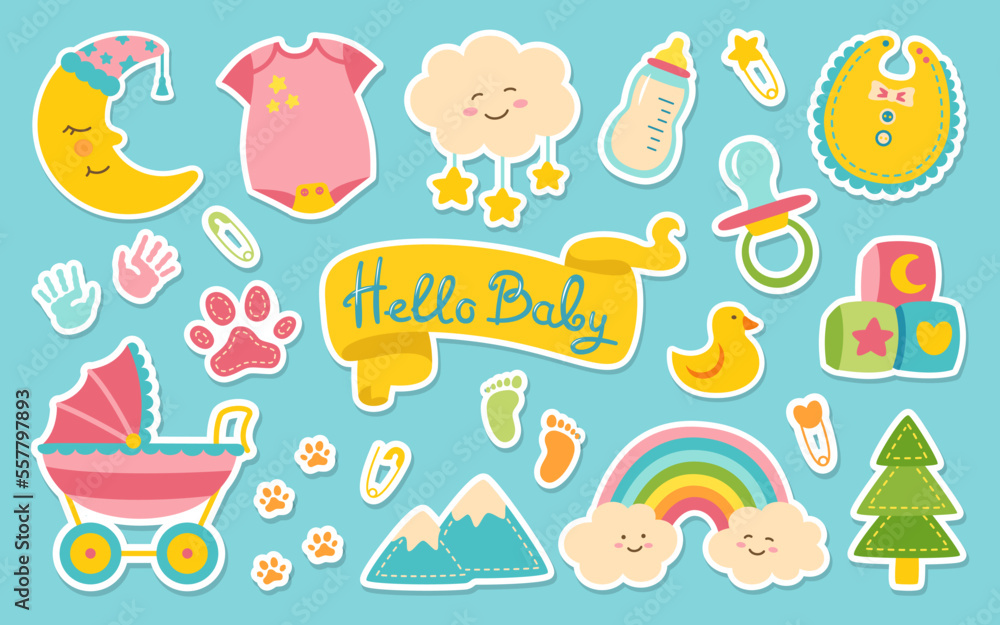 Baby newborn nursery objects sticker set. Birthday child memory scrapbook diary patch kit. Kids symbol and icon accessory collection. Hand drawn decoration cute rainbow moon, cloud, nipple, footprint Baby newborn nursery objects sticker set. Birthday child memory scrapbook diary patch kit. Kids symbol and icon accessory collection. Hand drawn decoration cute rainbow moon, cloud, nipple, footprint