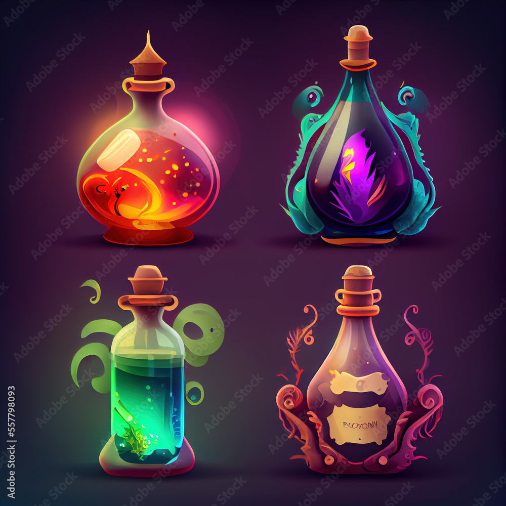 Generative AI:four watercolor potion bottles in a purple background