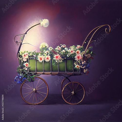 Generative AI: vitange baby carriage in a old background for children's photo session photo