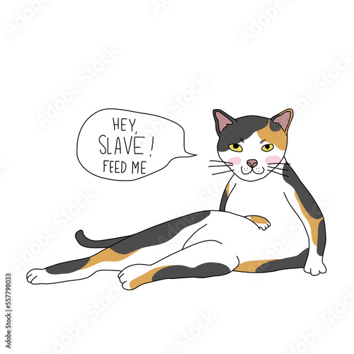 Cat said slave feed me line art cartoon vector illustration