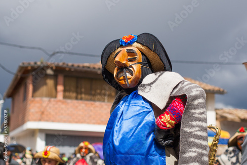 Folkloric dancers dancing the "Huaconada", a typical dance of central Peru. Concept of traditions (Huacon)