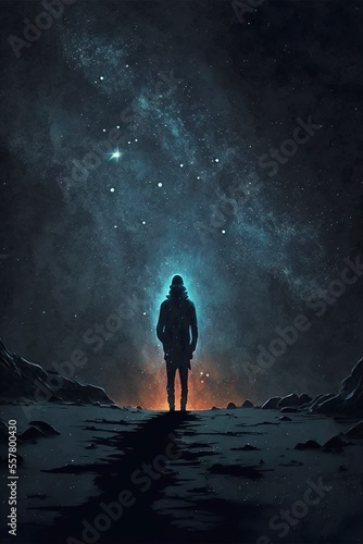 boy standing in front of the vast universe