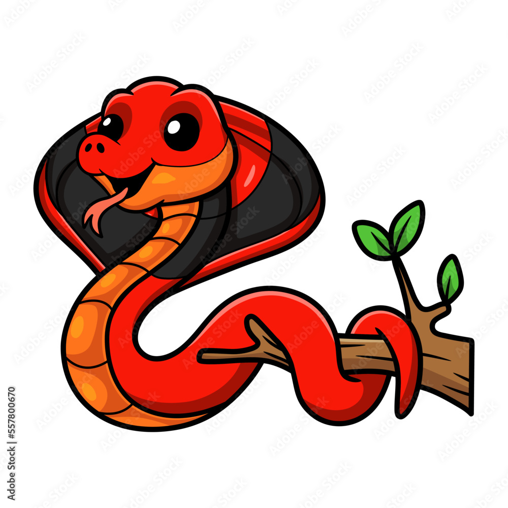 Fototapeta premium Cute red spitting cobra cartoon on tree branch