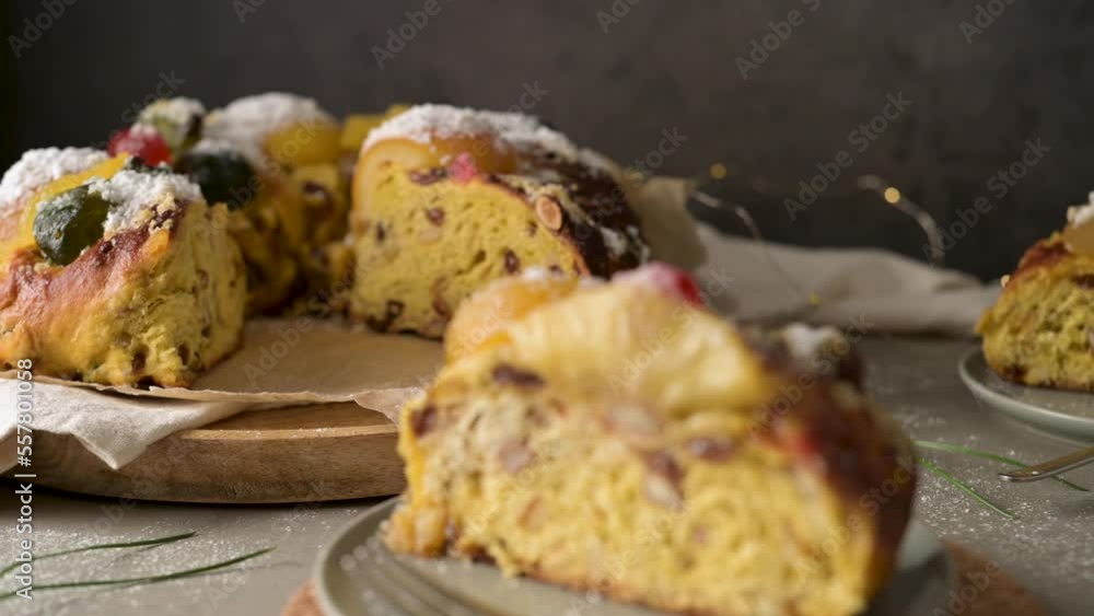 Bolo do Rei or King's Cake, Made for Christmas, Carnavale or Mardi Gras on kitcthen countertop. Bolo do Rei or King's Cake, Made for Christmas, Carnavale or Mardi Gras on kitcthen countertop.