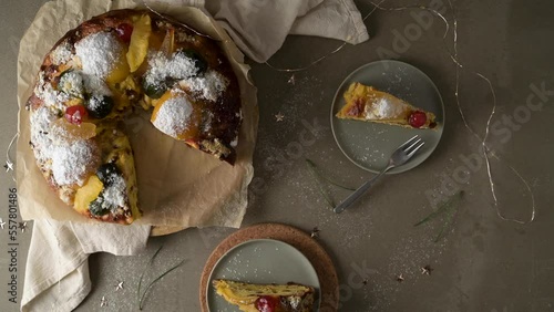 Bolo do Rei or King's Cake, Made for Christmas, Carnavale or Mardi Gras on kitcthen countertop.