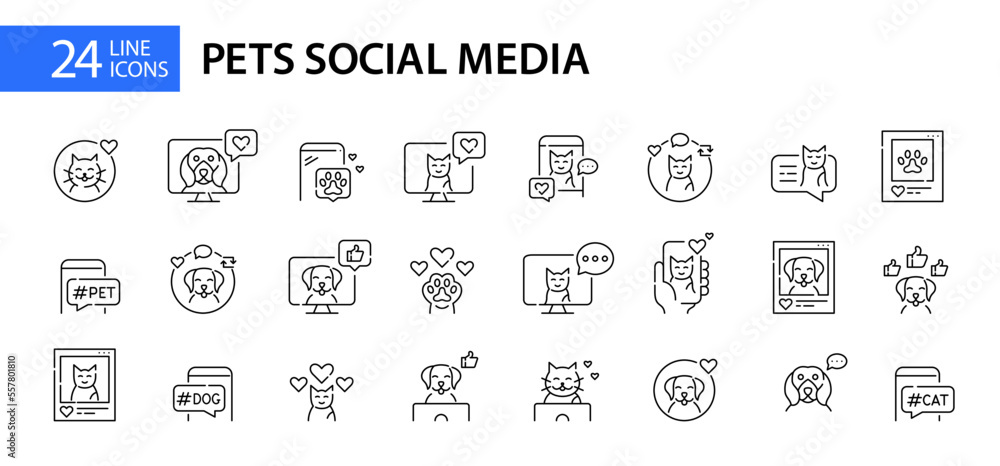 24 pets social media presence icons. Pixel perfect, editable stroke