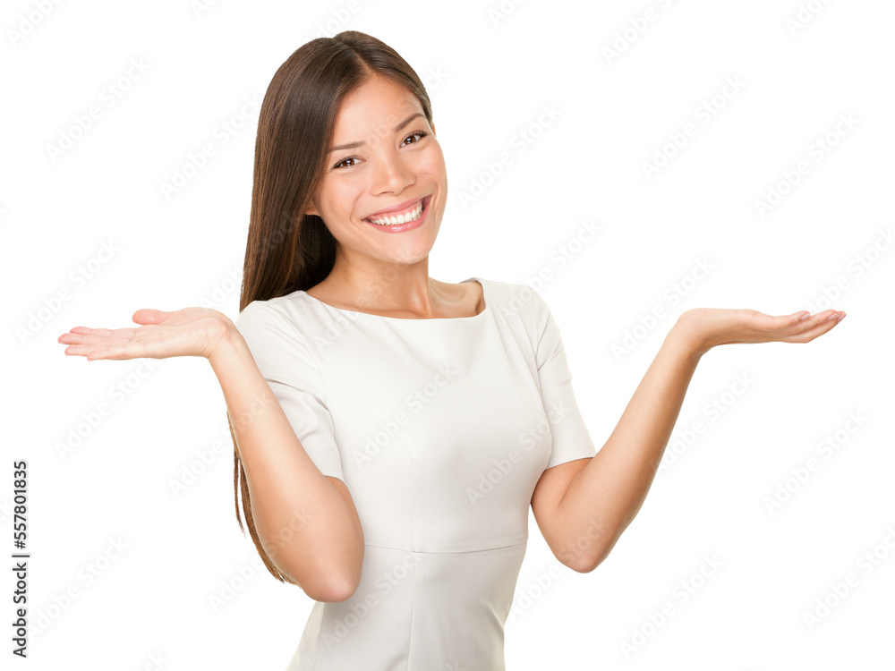 Showing woman - two hands empty for product or text. Casual woman isolated cutout PNG on transparent background. Multi-racial Caucasian / Asian female model smiling happy. Showing woman - two hands empty for product or text. Casual woman isolated cutout PNG on transparent background. Multi-racial Caucasian / Asian female model smiling happy.