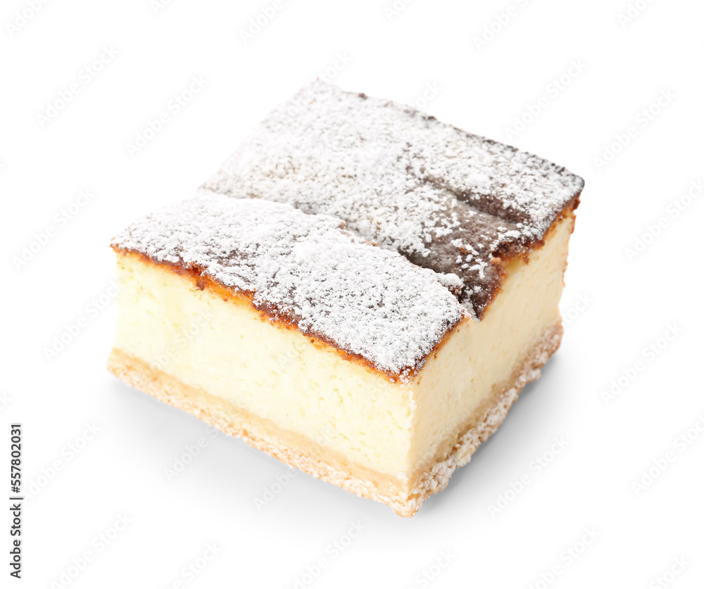 Piece of delicious cheese pie with sugar powder on white background Piece of delicious cheese pie with sugar powder on white background