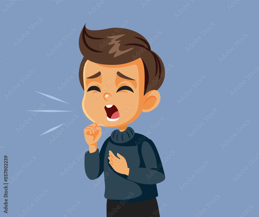 Coughing Boy Feeling Ill from a Flu Vector Cartoon Illustration. Child suffering pulmonary complications after pneumonia flu diagnosis 
