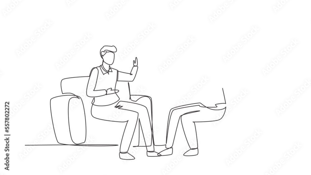 Self drawing animation of single line draw Interview with famous person. Television or internet broadcast where journalist talks to a celebrity. Interviewer. Continuous line draw. Full length animated Self drawing animation of single line draw Interview with famous person. Television or internet broadcast where journalist talks to a celebrity. Interviewer. Continuous line draw. Full length animated