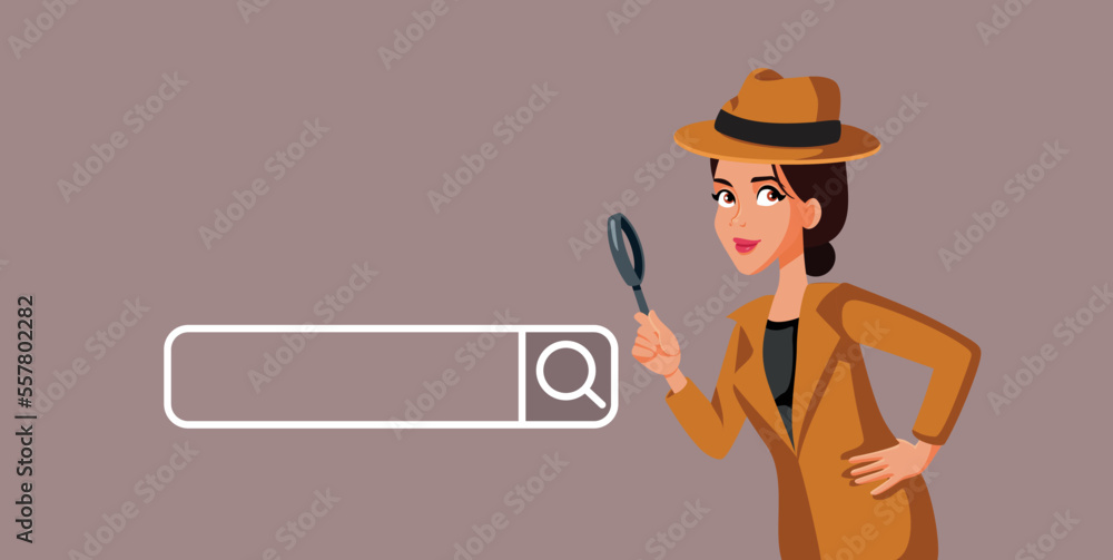 Detective Looking into a Search Bar Browsing Vector Cartoon. Private inspector monitoring online activity and browsing history in cybercrime case
