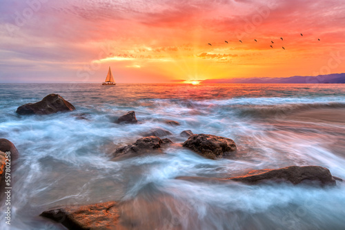 Sunset Ocean Inspirational Sailboat Uplifting Hope Travel Boat Sea Landscape Colorful Scenic Sunrise