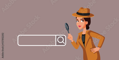 Detective Looking into a Search Bar Browsing Vector Cartoon. Private inspector monitoring online activity and browsing history in cybercrime case
