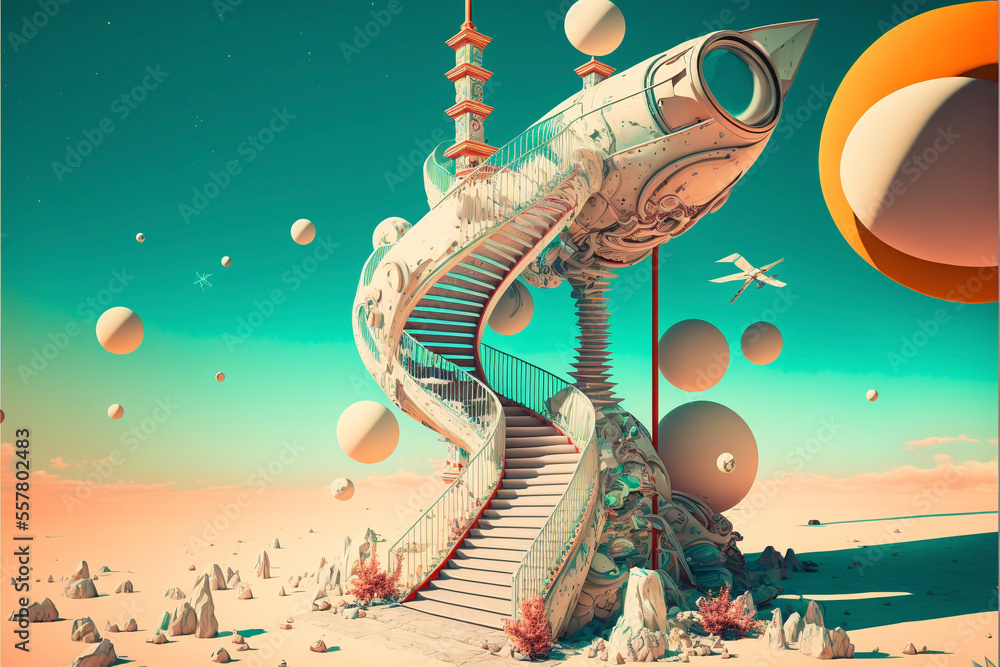 Naklejka premium stairway turning into a spaceship in a desert with planets floating by