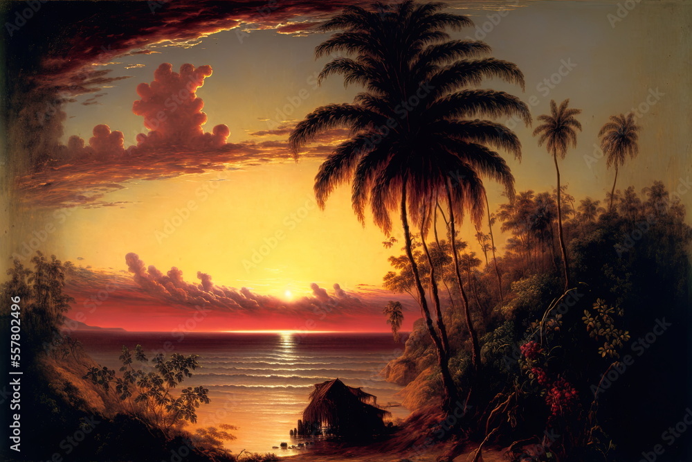 A tropical sunset on the beach, with bright and colorful sunset, palm trees, ocean waves and mountains 12
