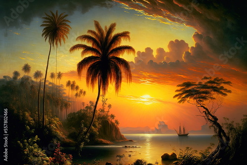 A tropical sunset on the beach  with bright and colorful sunset  palm trees  ocean waves and mountains 08