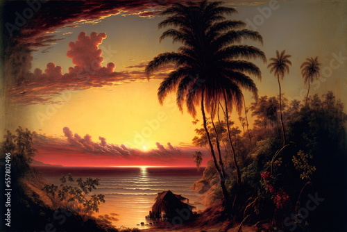A tropical sunset on the beach, with bright and colorful sunset, palm trees, ocean waves and mountains 12