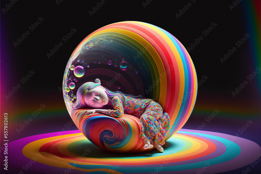 colorful glass figurine of sleeping girl in rainbow sphere