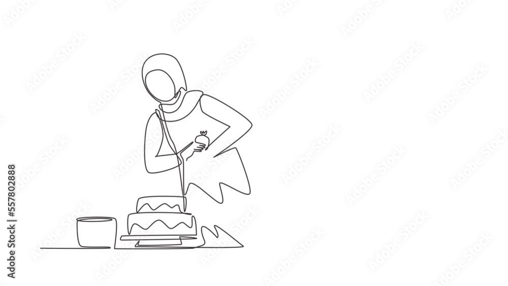 Animated self drawing of continuous line draw girl baking, decorating cake at kitchen. Woman blogger recording video on camera, using tripod, posting it on social media. Full length one line animation