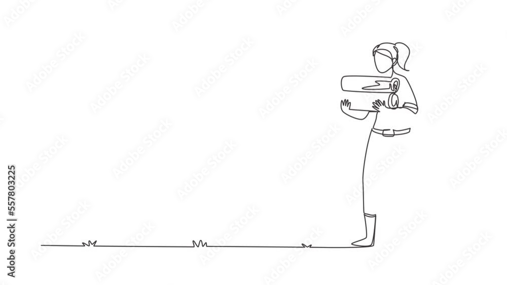 Animated self drawing of continuous line draw woman lumberjack with plaid shirt, jeans, boots, holding stack of firewood in hands. Female woodcutter, forest worker. Full length single line animation Animated self drawing of continuous line draw woman lumberjack with plaid shirt, jeans, boots, holding stack of firewood in hands. Female woodcutter, forest worker. Full length single line animation