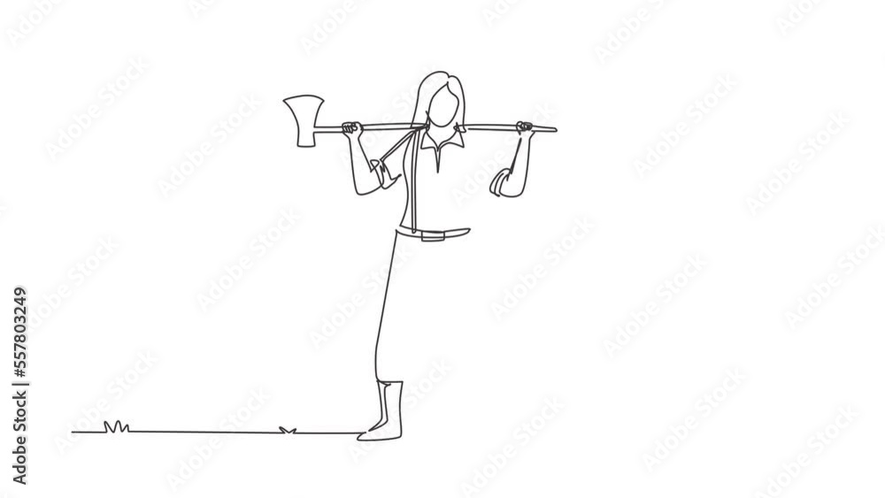 Animated self drawing of continuous line draw woman lumberjack in plaid shirt, jeans with belt, leather boots holding on her shoulder an ax with long wooden handle. Full length one line animation Animated self drawing of continuous line draw woman lumberjack in plaid shirt, jeans with belt, leather boots holding on her shoulder an ax with long wooden handle. Full length one line animation