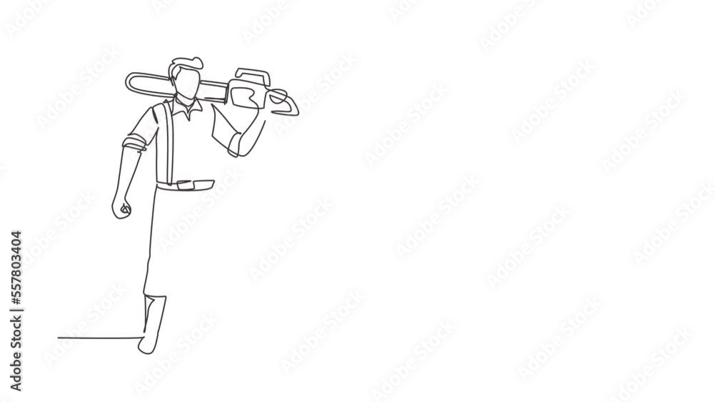 Animated self drawing of continuous line draw woodcutter holding chainsaw on his back. Wearing suspender shirt, jeans and boots. Lumberjack pose on logging forest. Full length single line animation Animated self drawing of continuous line draw woodcutter holding chainsaw on his back. Wearing suspender shirt, jeans and boots. Lumberjack pose on logging forest. Full length single line animation