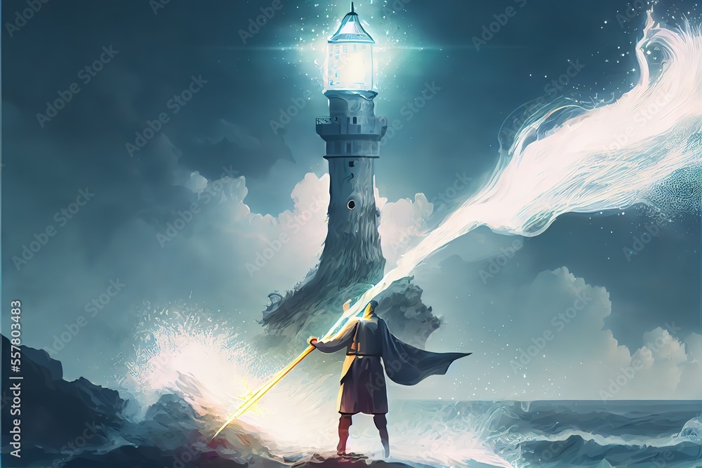 The wizard conjures near the lighthouse
