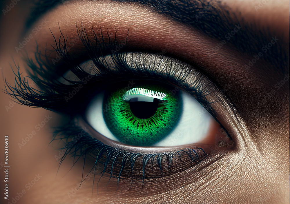 Fototapeta premium Green eye with long eyelashes. Concept of make-up and beauty created with generative Ai technology