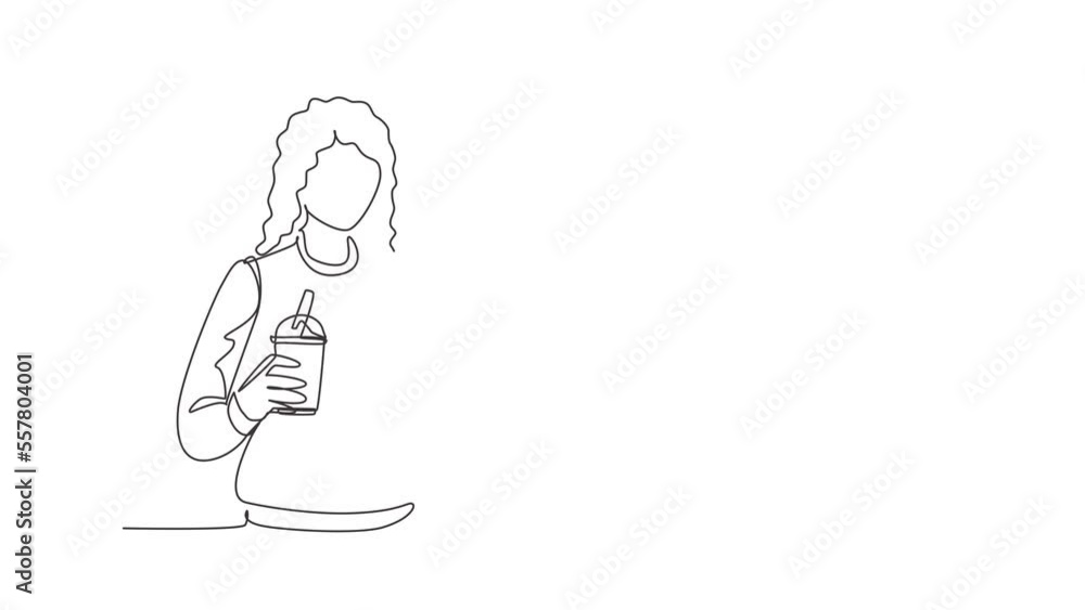 Self drawing animation of single line draw Asian woman showing boba milk tea, bubble milk drink, pearl milk tea. Tapioca tea, Asian exotic beverage concept. Continuous line draw. Full length animated Self drawing animation of single line draw Asian woman showing boba milk tea, bubble milk drink, pearl milk tea. Tapioca tea, Asian exotic beverage concept. Continuous line draw. Full length animated