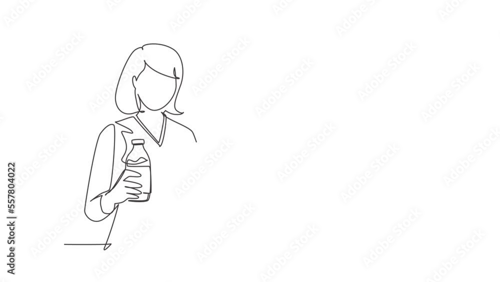 Self drawing animation of single line draw woman holds showing bottle of fresh almond milk healthy vegetarian product happily. Food nutrition for people. Continuous line draw. Full length animated Self drawing animation of single line draw woman holds showing bottle of fresh almond milk healthy vegetarian product happily. Food nutrition for people. Continuous line draw. Full length animated