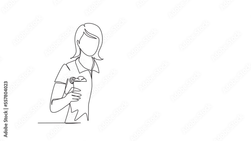 Animated self drawing of continuous line draw girl holding showing glass of milkshake in office. Lady having break at work and drink milkshake with slice of orange. Full length one line animation Animated self drawing of continuous line draw girl holding showing glass of milkshake in office. Lady having break at work and drink milkshake with slice of orange. Full length one line animation