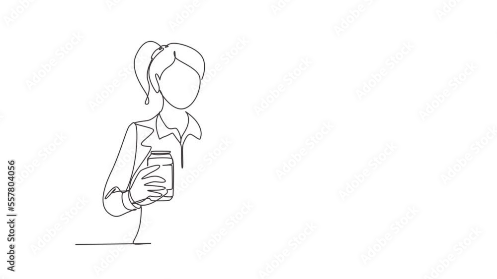 Animated self drawing of continuous line draw woman holding and showing soda refreshing a can sitting on couch in living room at home. Girl holds refreshing soda drink. Full length one line animation Animated self drawing of continuous line draw woman holding and showing soda refreshing a can sitting on couch in living room at home. Girl holds refreshing soda drink. Full length one line animation