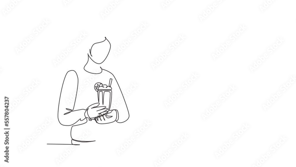 Self drawing animation of single one line draw woman holding glass with delicious milkshake. Young girl holding tasty fresh milk shake with slice of orange. Continuous line draw. Full length animated Self drawing animation of single one line draw woman holding glass with delicious milkshake. Young girl holding tasty fresh milk shake with slice of orange. Continuous line draw. Full length animated