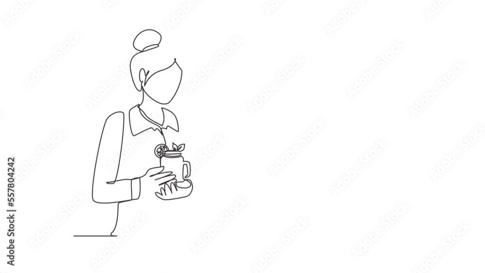 Animated self drawing of continuous line draw woman teacher hand holding mug of orange juice at office in morning daylight. Leisure time before teaching at university. Full length one line animation Animated self drawing of continuous line draw woman teacher hand holding mug of orange juice at office in morning daylight. Leisure time before teaching at university. Full length one line animation