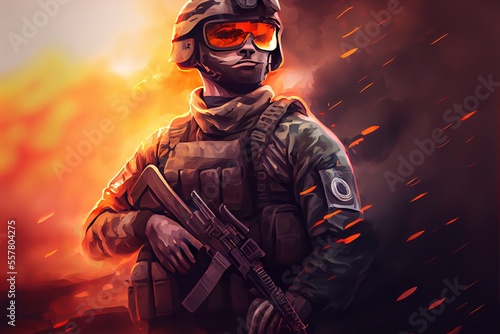 soldier stands on fire