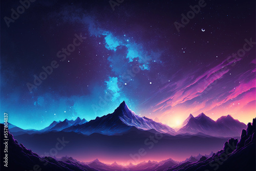 Blue Pink and Purple Gradient with Mountain Landscape and Deep Outer Space, Stars Galaxy Moon Generative AI © Kelly Cree
