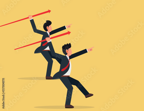 Determined business man running. Two businessman throwing red rising up arrow javelin.