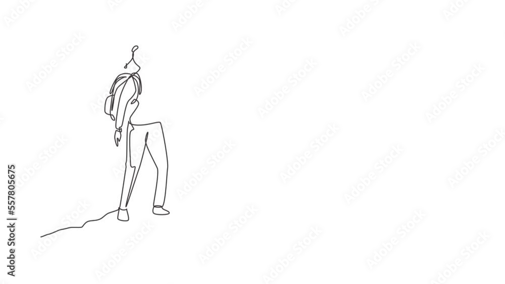 Self drawing animation of single line draw woman hiker at top of mountain looking into distance. Adventure in mountainous terrain. Hiking, adventure tourism. Continuous line draw. Full length animated Self drawing animation of single line draw woman hiker at top of mountain looking into distance. Adventure in mountainous terrain. Hiking, adventure tourism. Continuous line draw. Full length animated