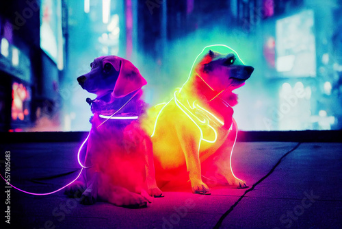 cyberpunk style cute dog, neon colors , bright smoke in background