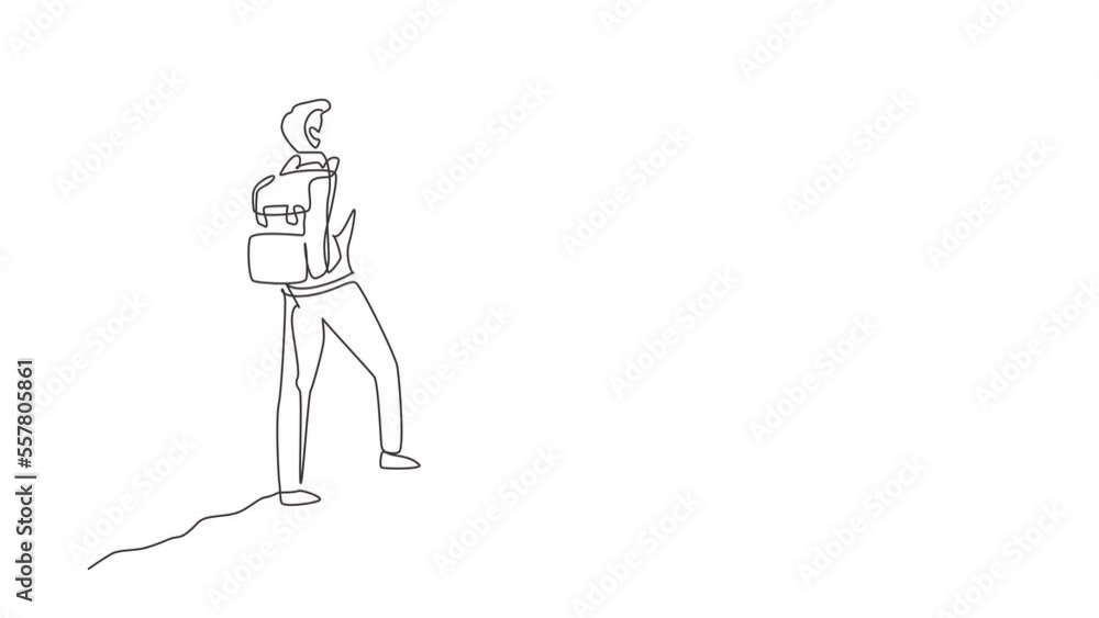 Animated self drawing of continuous line draw man stands with arms outstretched on top of mountain. Motivational concept. Tourist with backpack. Traveler in rocks. Full length one line animation Animated self drawing of continuous line draw man stands with arms outstretched on top of mountain. Motivational concept. Tourist with backpack. Traveler in rocks. Full length one line animation